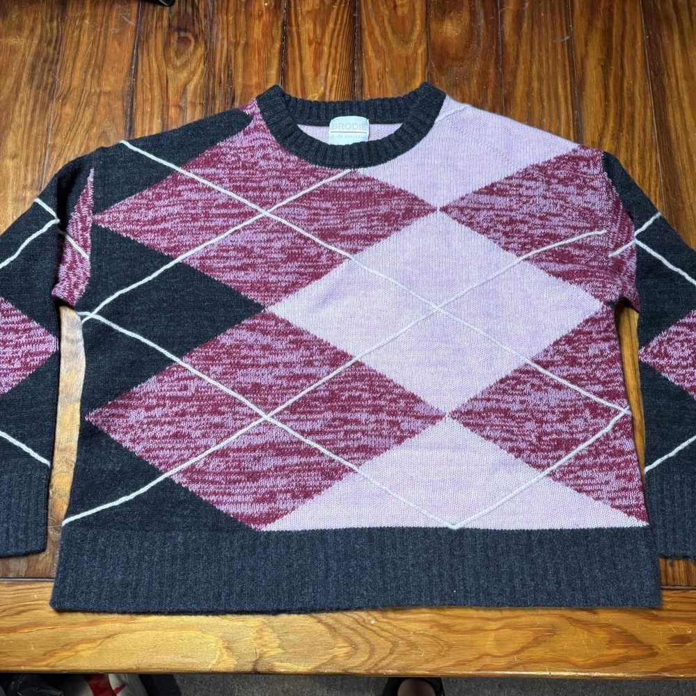 Brodie 100% Pure cashmere Pink Gray Diamond Argyle Pullover Sweater Sz S A1225